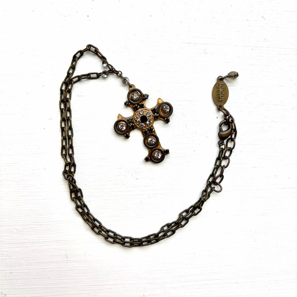 Vintage Burnished Gold and Crystal Cross Pendant Necklace by Belladonna - Picture 5 of 6